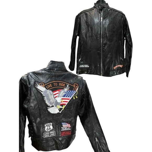 DIAMOND PLATE Buffalo Genuine Leather Biker Jacket Mens M Customized Patches - Picture 1 of 9